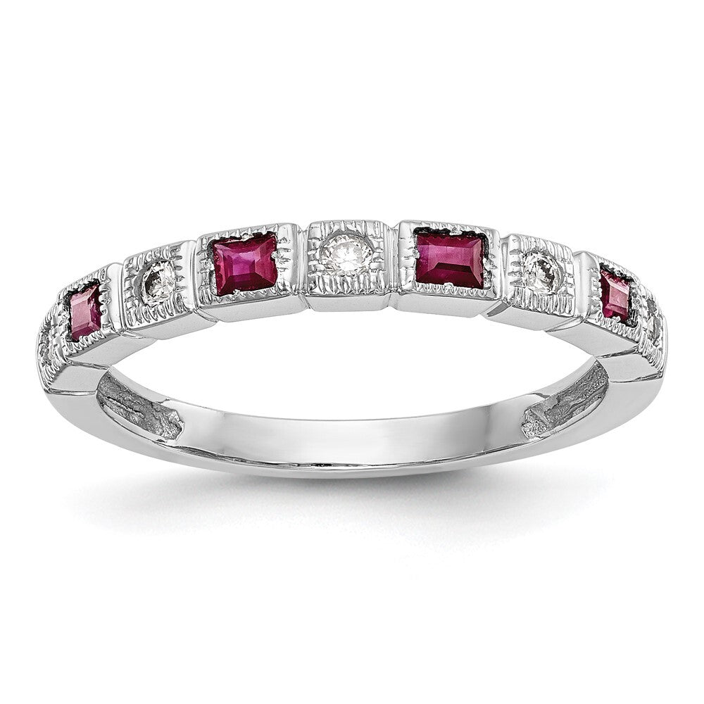 14k White Gold 1/10 carat Diamond and Ruby Complete Band Size 7