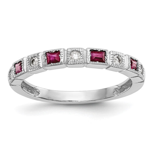 14k White Gold 1/10 carat Diamond and Ruby Complete Band Size 7