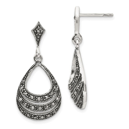 Sterling Silver RH-plated Textured Marcasite Teardrop Dangle Earrings