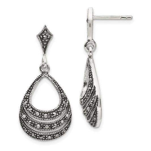 Sterling Silver RH-plated Textured Marcasite Teardrop Dangle Earrings
