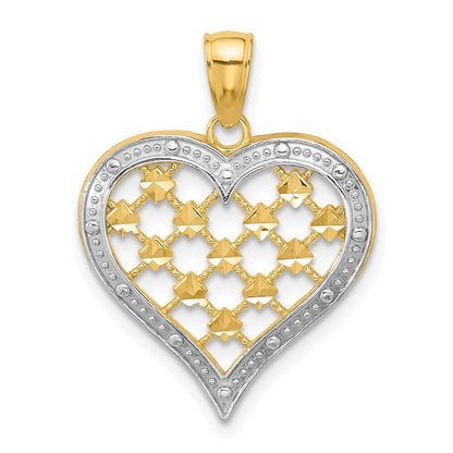 14k Yellow Gold Rhodium Edge Diamond-cut Heart Charm