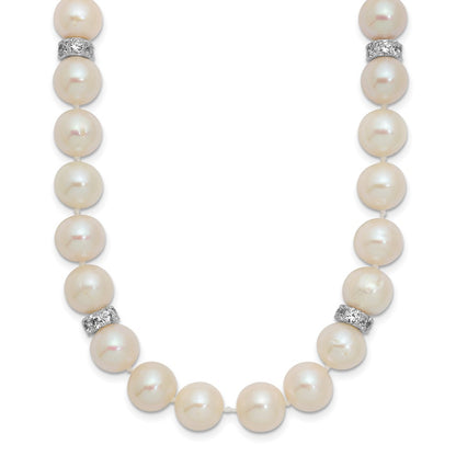 Sterling Silver Rhodium-plated 9-10mm White Cultured Pearl and CZ Necklace 18"