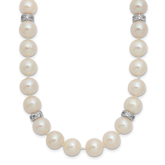 Sterling Silver Rhodium-plated 9-10mm White Cultured Pearl and CZ Necklace 18"
