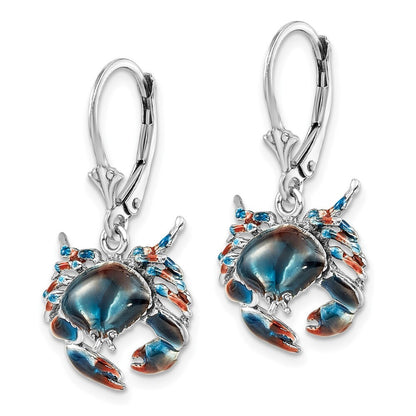 Sterling Silver Rhodium-Plated Enameled Stone Crab Leverback Earrings