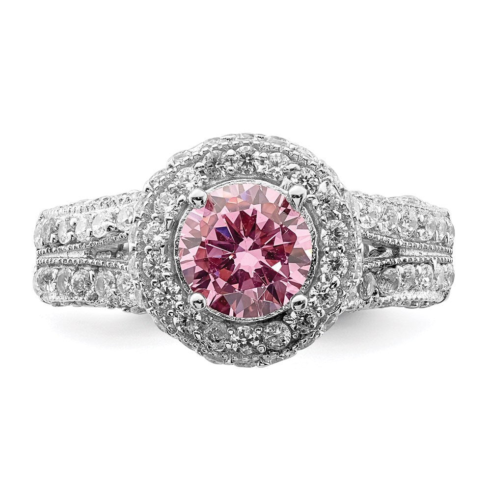 Sterling Silver Rhodium plated 10mm Clear Pink Heart Cubic Zirconia Ring Size 8