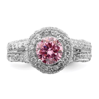 Sterling Silver Rhodium plated 10mm Clear Pink Heart Cubic Zirconia Ring Size 8