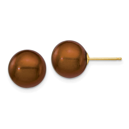 14k Yellow Gold 10-11mm Brown Round Freshwater Cultured Pearl Stud Earrings