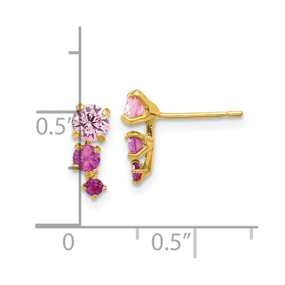 14k Yellow Gold Polished Pink and Red Cubic Zirconia Stud Earrings