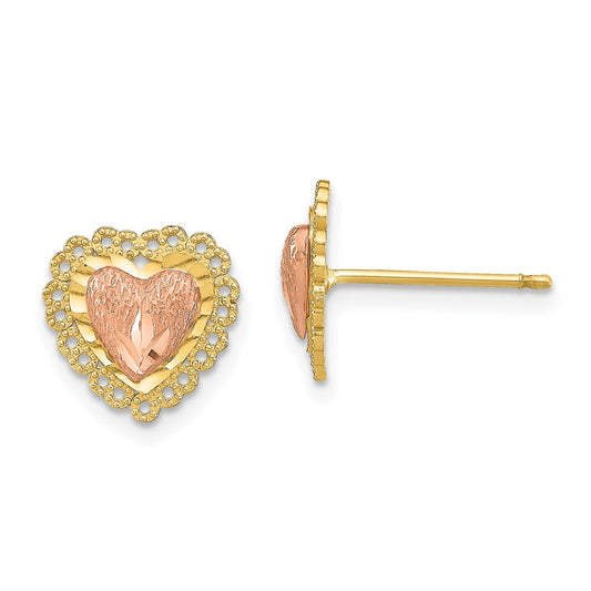 14k Two-tone Gold Diamond-Cut Heart w/ Lace Trim Stud Earrings