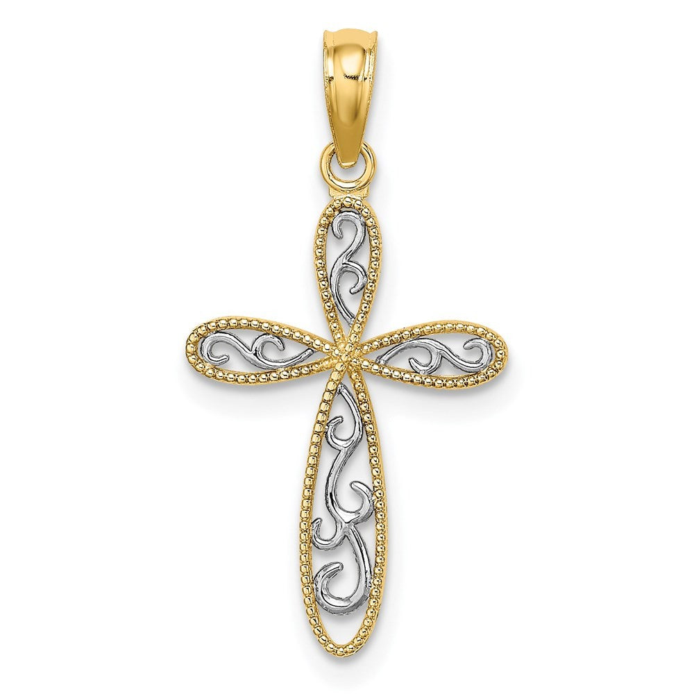 14k Yellow Gold w/ Rhodium Filigree and Milgrain Cross Charm