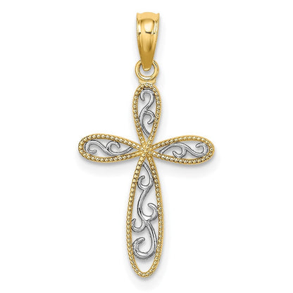 14k Yellow Gold w/ Rhodium Filigree and Milgrain Cross Charm