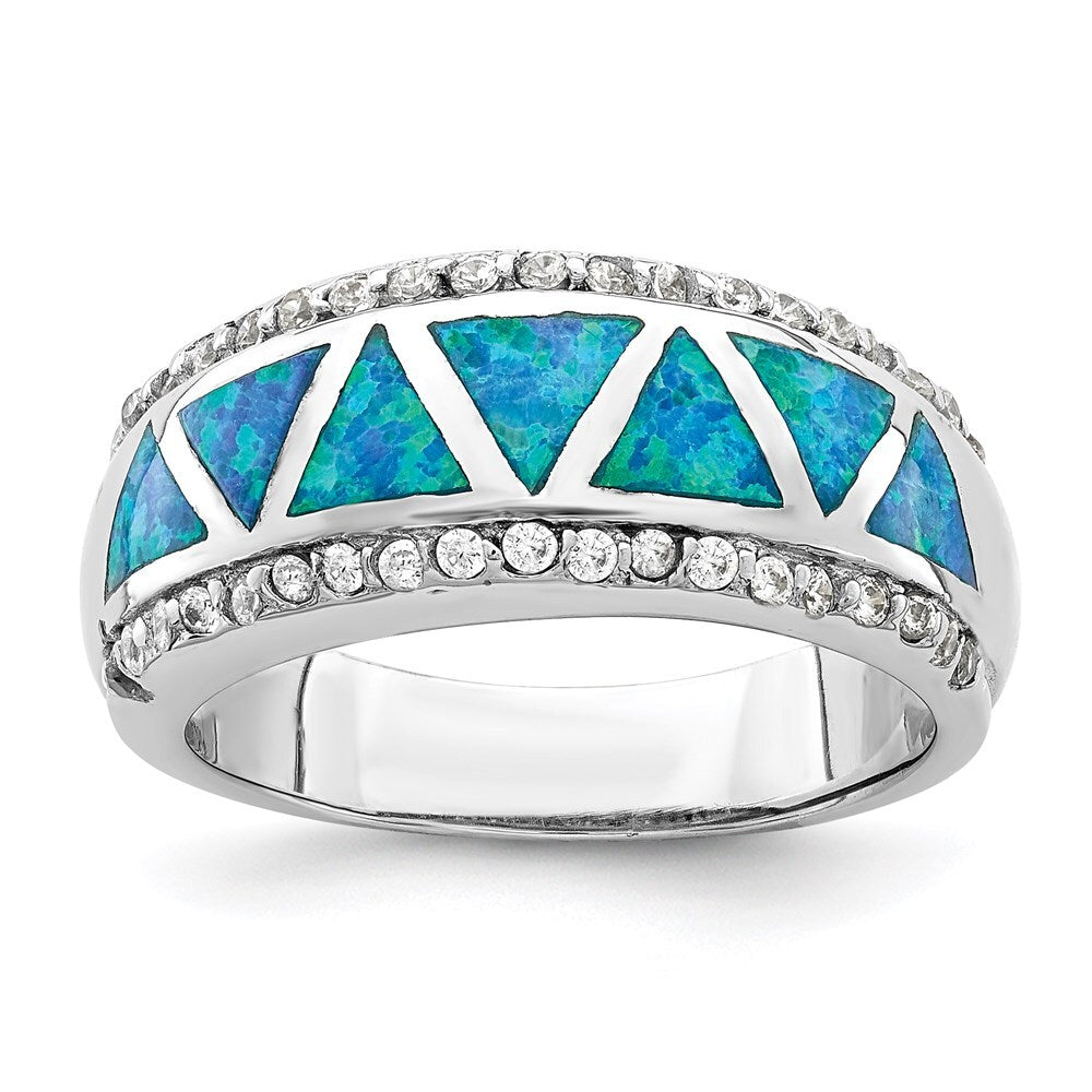 Sterling Silver Triangle Lab Created Blue Opal & Cubic Zirconia Ring SZ 6