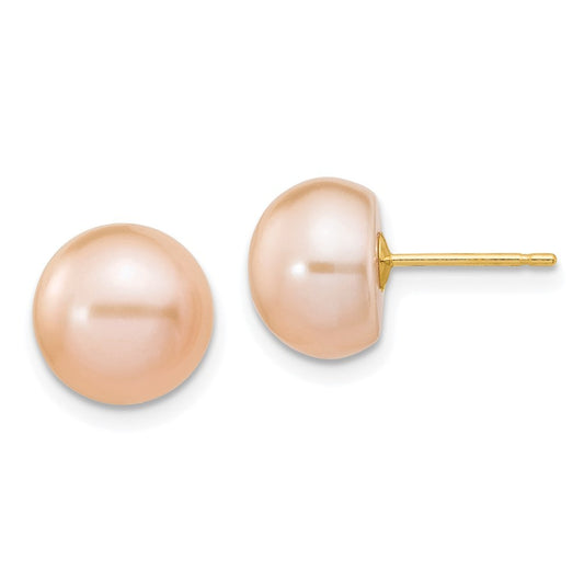 14k Yellow Gold 9-10mm Pink Button Freshwater Cultured Pearl Stud Post Earrings