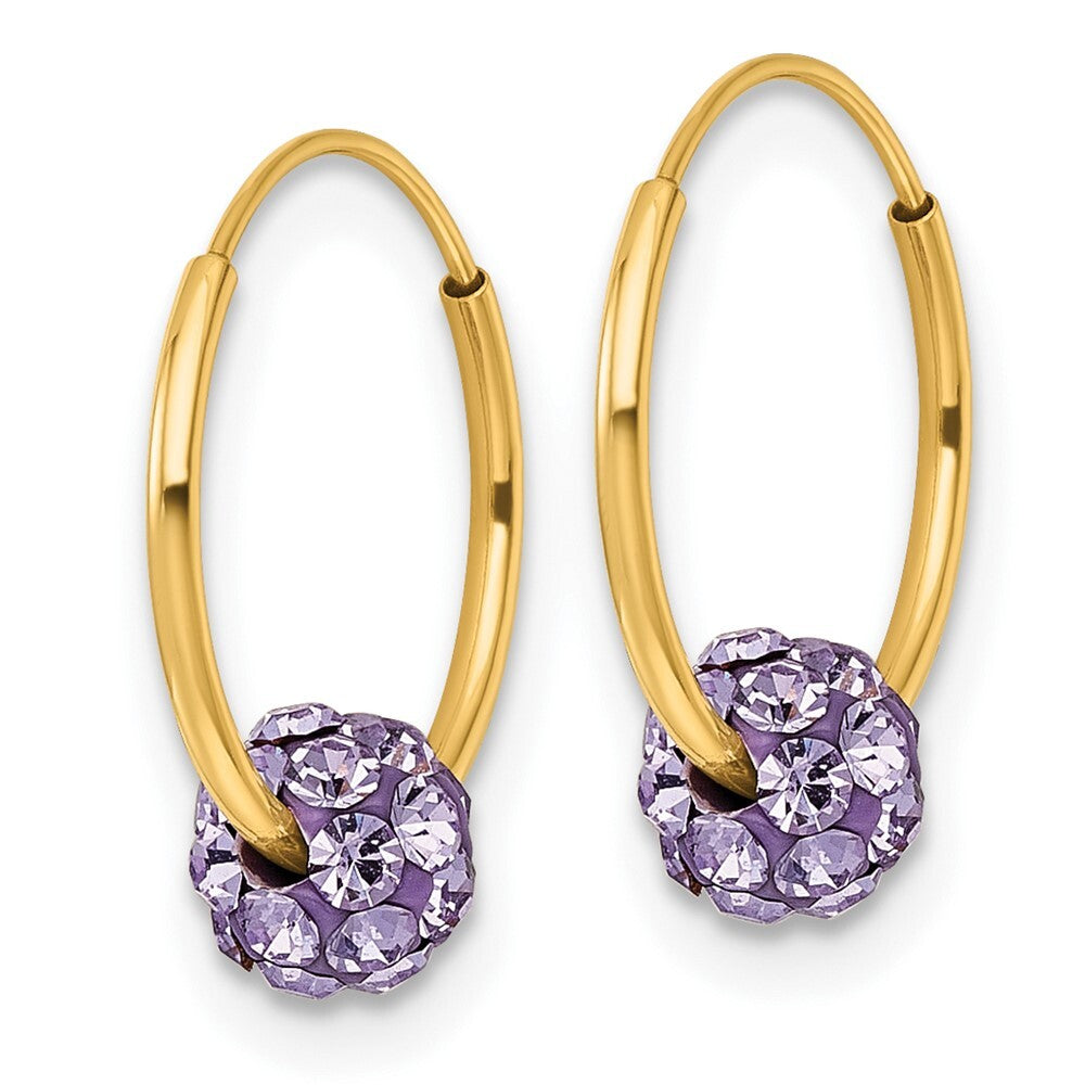 14k Yellow Gold Polished Lavender Crystal and Resin Bead Endless Hoop Earrings
