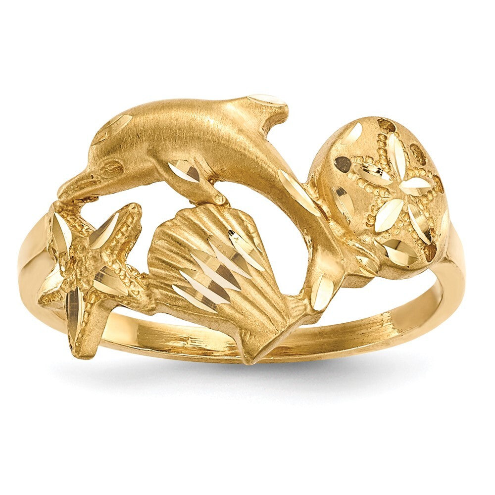 14K Yellow Gold Satin Diamond-cut Dolphin Starfish Shell Sand Dollar Ring Size 7