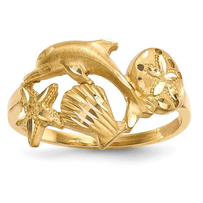 14K Yellow Gold Satin Diamond-cut Dolphin Starfish Shell Sand Dollar Ring Size 7