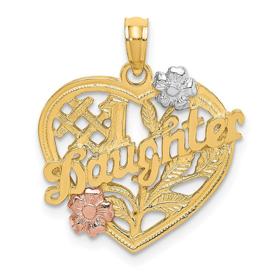 14k Two-tone Gold White Rhodium #1 DAUGHTER Heart Charm Pendant