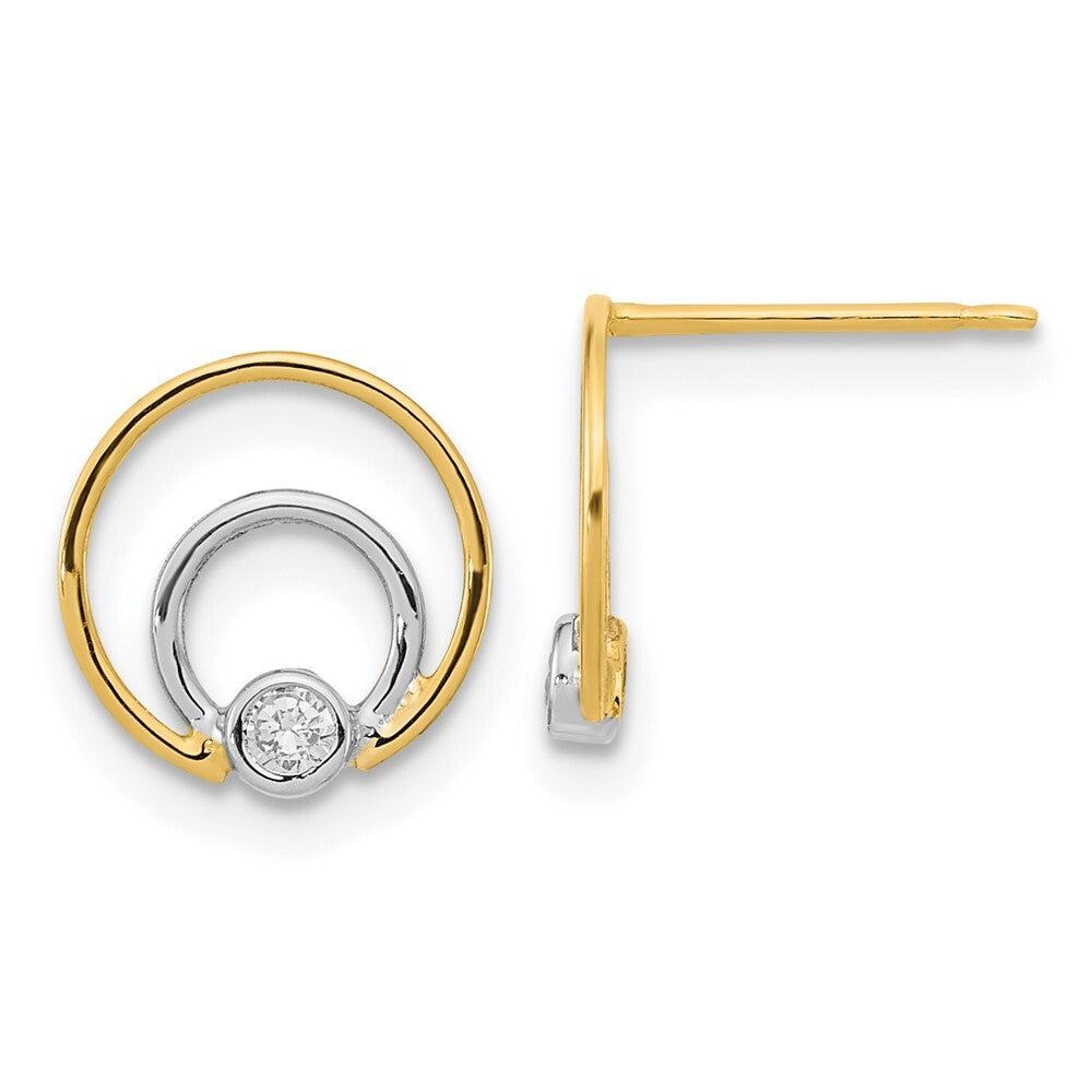 14k Yellow Gold Polished Rhodium Cubic Zirconia Double Circle Stud Earrings