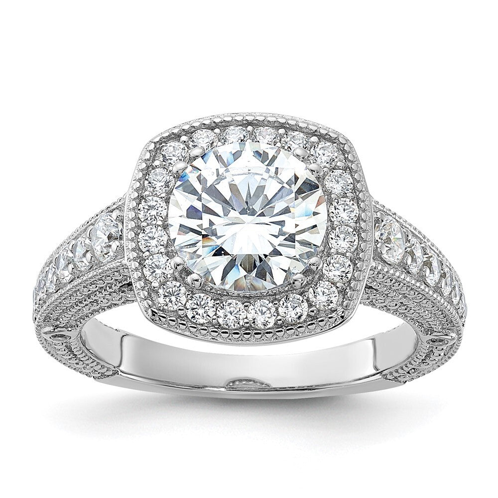Sterling Silver Rhodium-plated 8mm Center Cubic Zirconia Halo Ring Size 8
