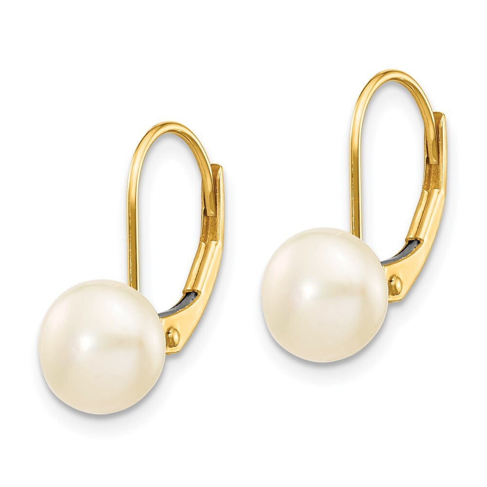 14k Yellow Gold 7-8mm White Button Freshwater Cultured Pearl Leverback Earrings