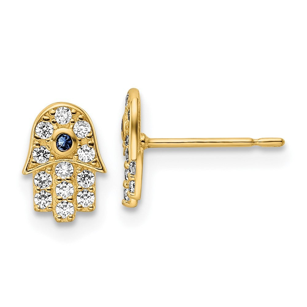 14k Yellow Gold CZ & Blue Glass Stone Hamsa Earrings