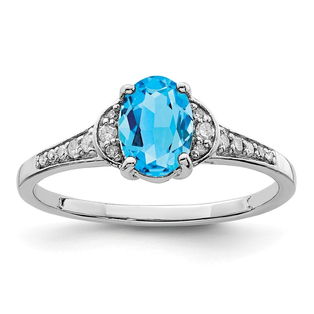 Sterling Silver Rhodium Oval Blue Topaz & Diamond Ring Size 7