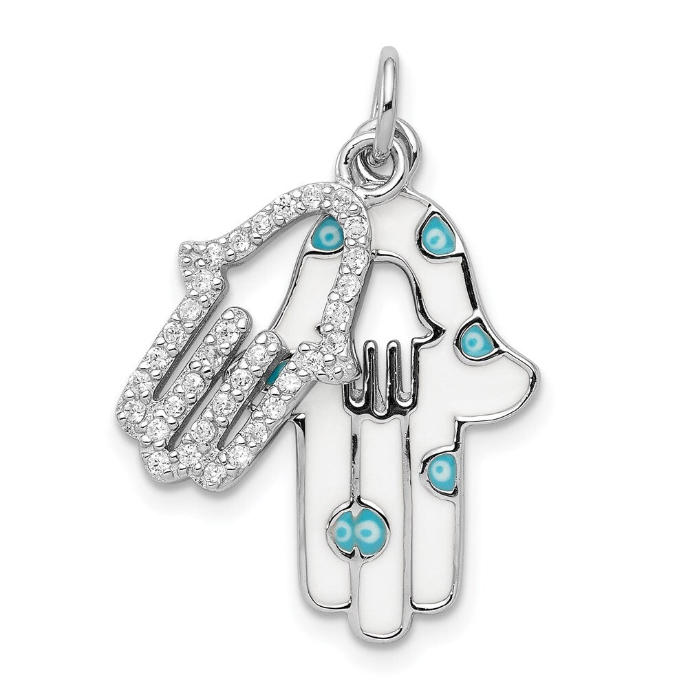 Sterling Silver Rhodium-plated Enamel Hamsa w/Cubic Zirconia pendant