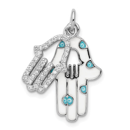 Sterling Silver Rhodium-plated Enamel Hamsa w/Cubic Zirconia pendant