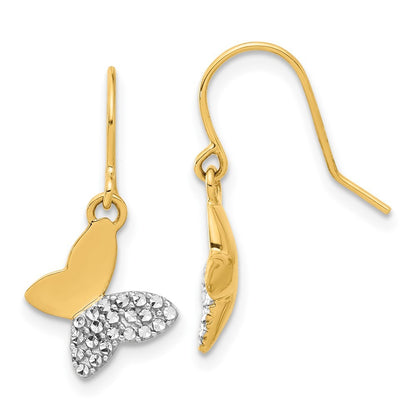 14k Yellow Gold and White Rhodium Diamond-Cut Butterfly Dangle Earrings