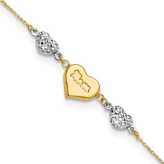 14K Two-tone Puffed MOM Heart and Diamond-cut Bead 7" Bracelet Plus 1" Heart Ext