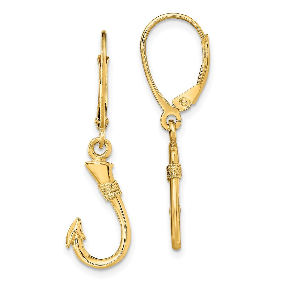 14k Yellow Gold 3-D Fish Hook Drop Dangle Earrings