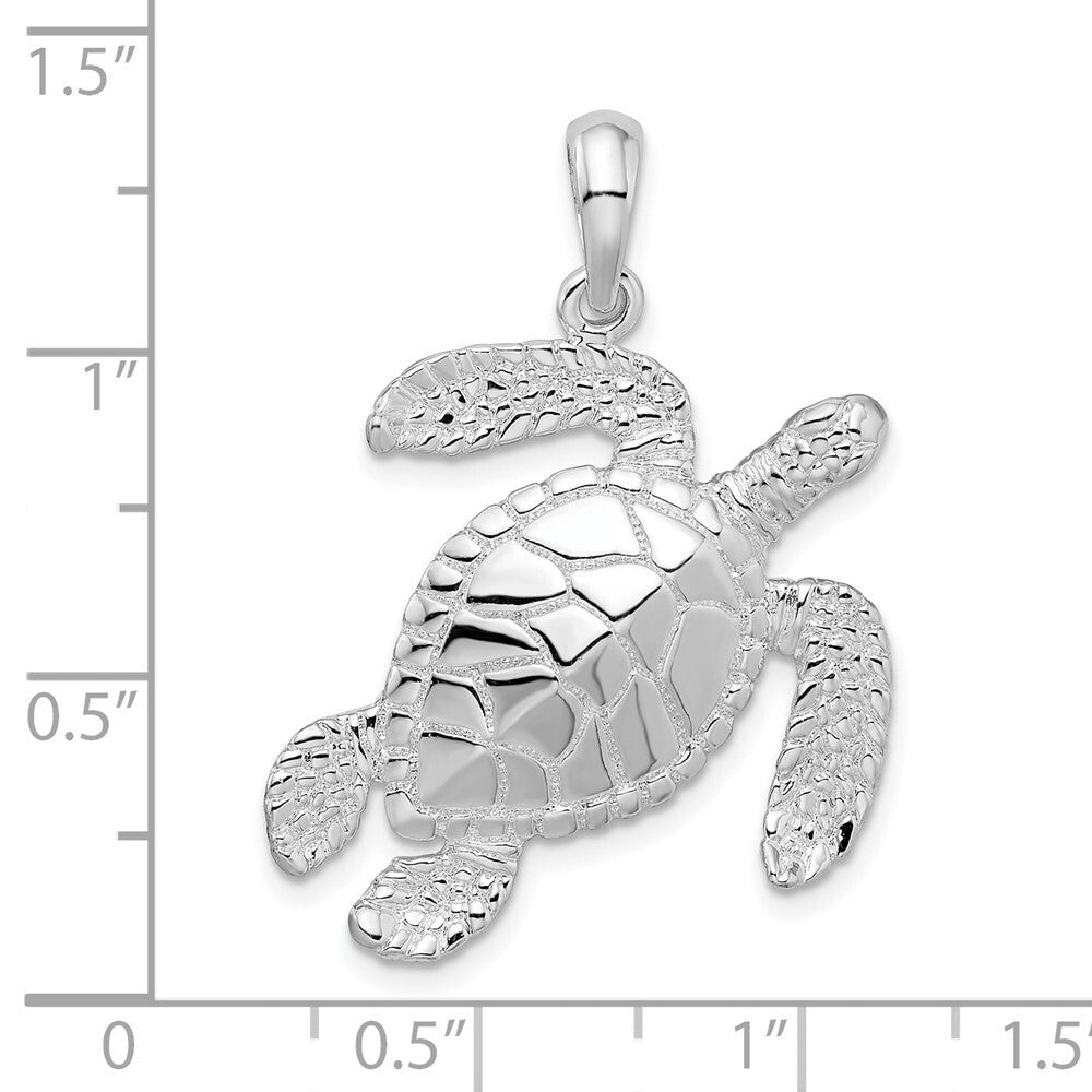 Sterling Silver Rhodium-Plated Polished Large Swimming Sea Turtle Pendant