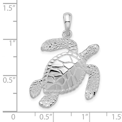 Sterling Silver Rhodium-Plated Polished Large Swimming Sea Turtle Pendant
