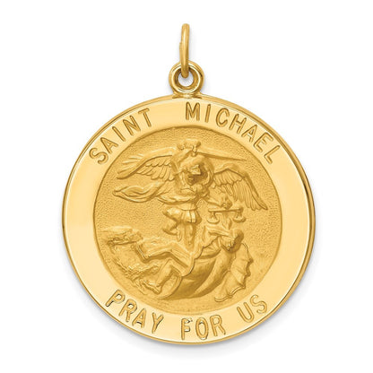 14k Yellow Gold Solid Polished Satin Large Round St. Michael Medal