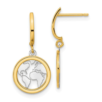 14k Yellow Gold Polished White Rhodium Earth Dangle Earrings