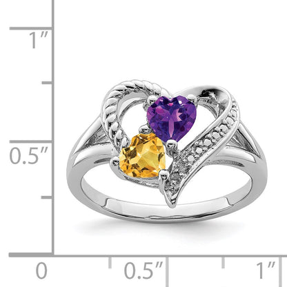 Sterling Silver Rhodium Amethyst & Citrine Diamond Ring