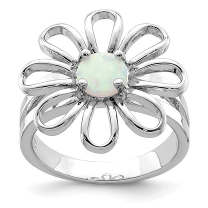 Sterling Silver Rhodium-plated Lab Created Opal Flower Ring Size 8