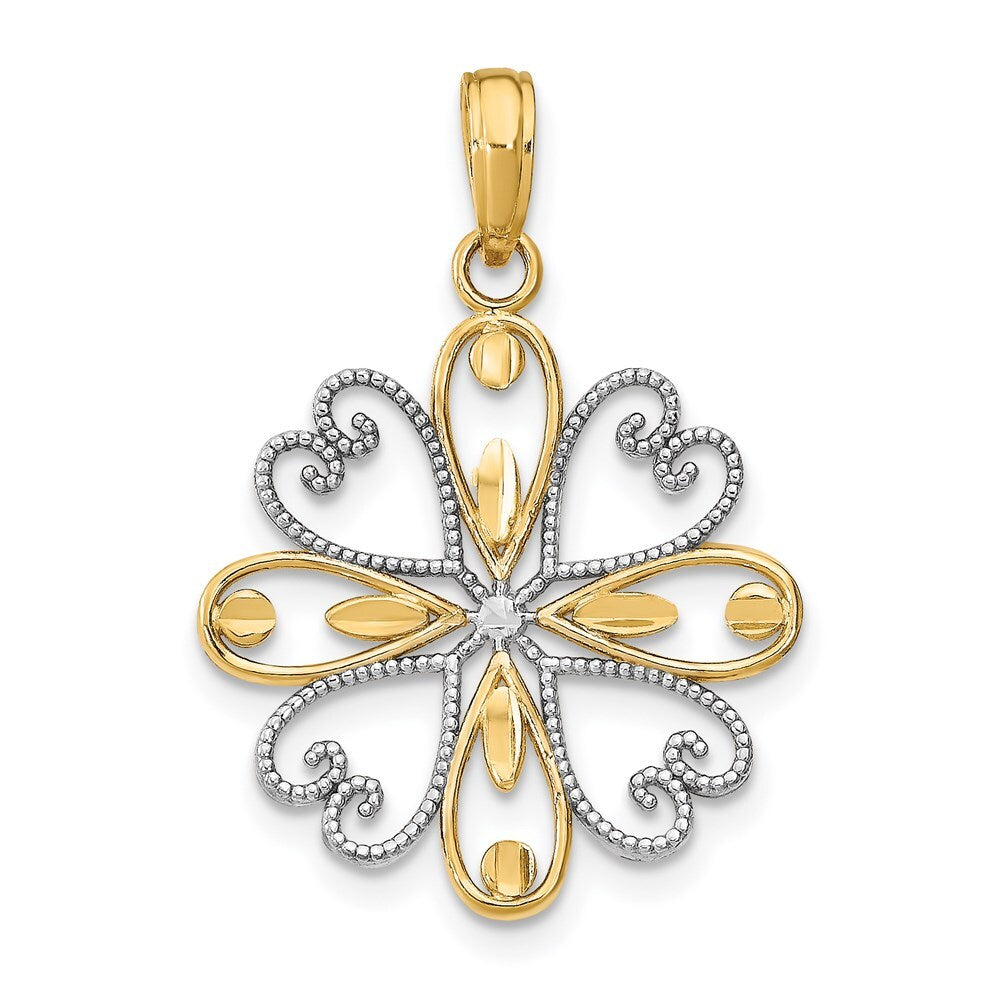 14k Yellow Gold Rhodium Beaded Heart Petals Flower Charm Pendant for Women