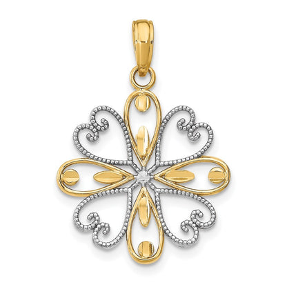 14k Yellow Gold Rhodium Beaded Heart Petals Flower Charm Pendant for Women