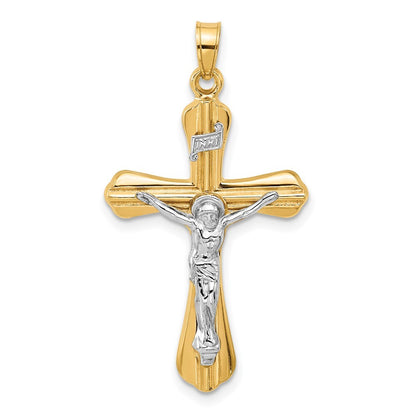 14k Two-tone Gold Grooved Hollow INRI Crucifix Pendent for Women