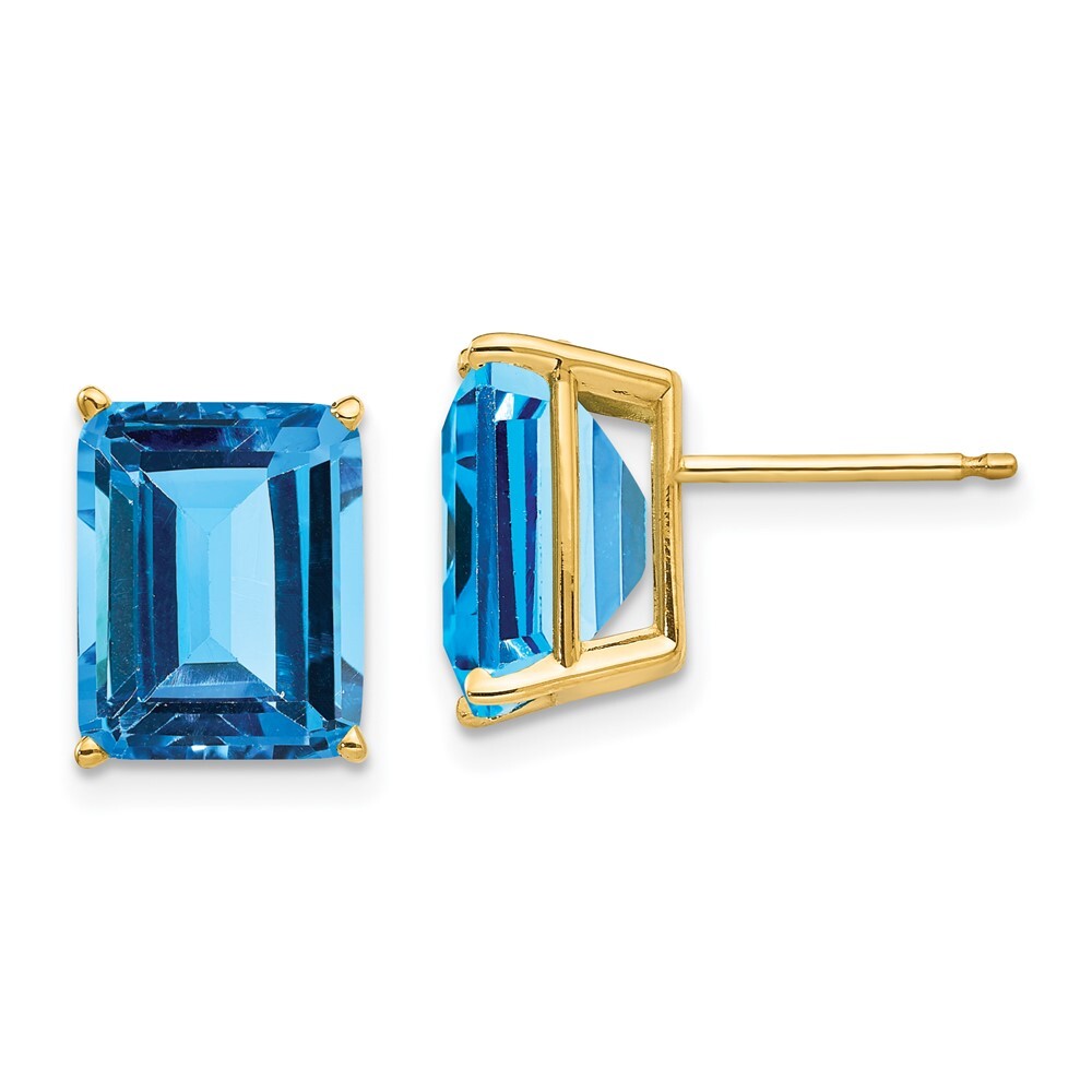 14k Yellow Gold 10x8mm Emerald Cut Blue Topaz Stud Earrings Gift for Women