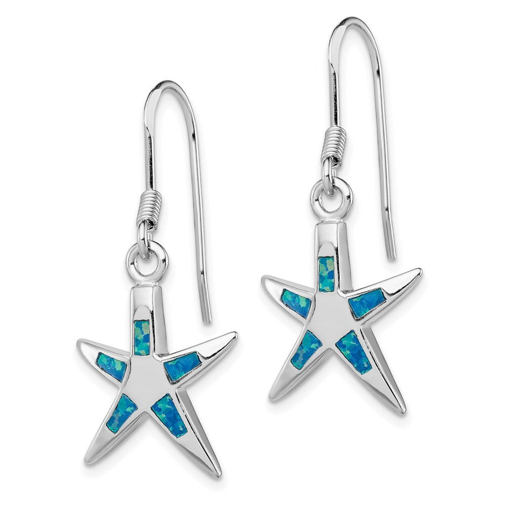 Sterling Silver Polished Created Blue Opal Inlay Starfish Dangle Earrings