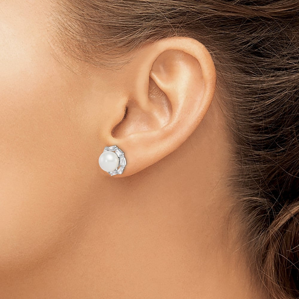 Sterling Silver 8-9mm Freshwater Cultured Pearl and CZ Earrings