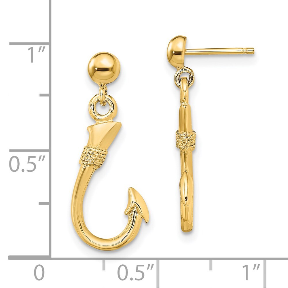 14k Yellow Gold 3-D Fish Hook Dangle Earrings Gift for Women