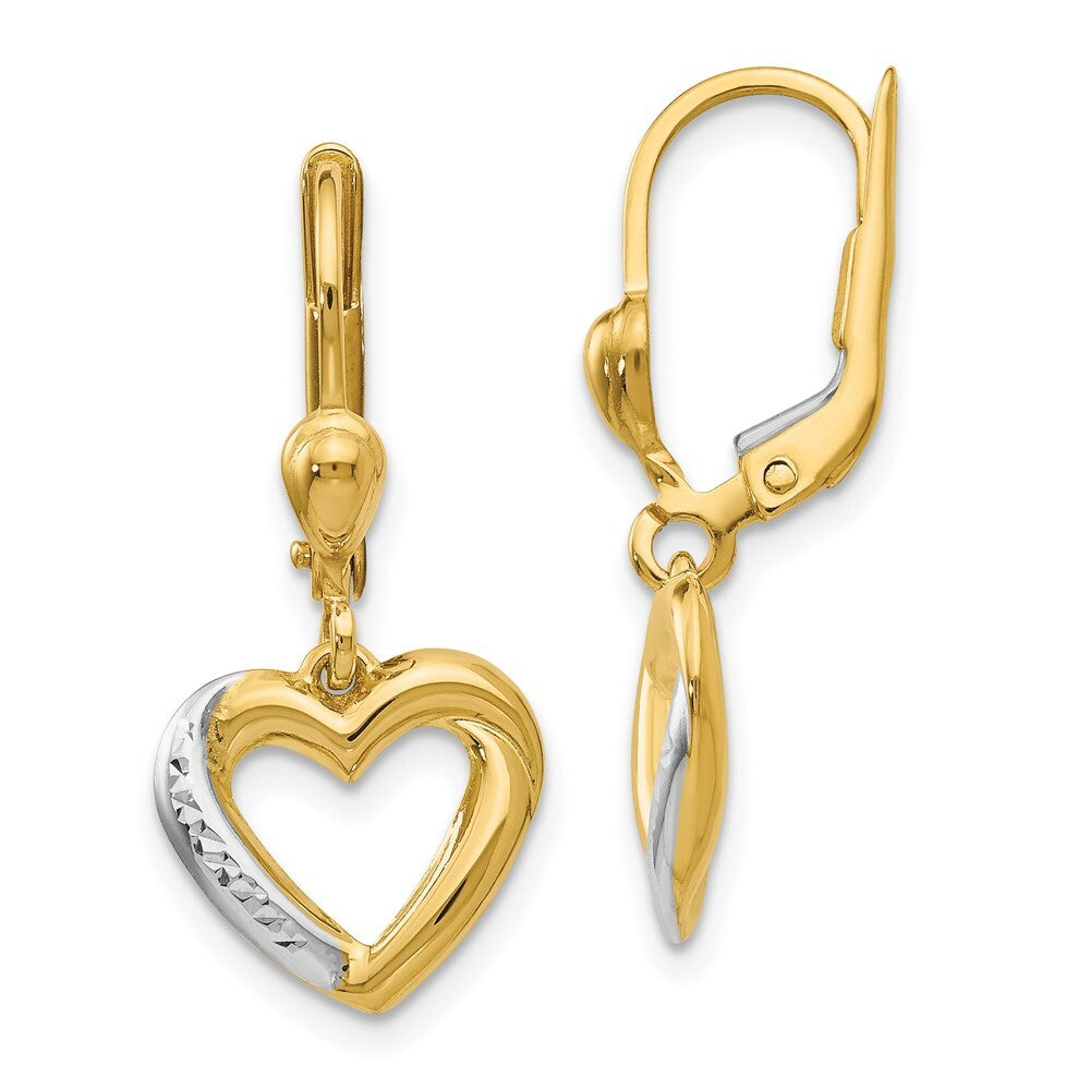 14k Yellow Gold and Rhodium Textured and Polished Heart Leverback Earring