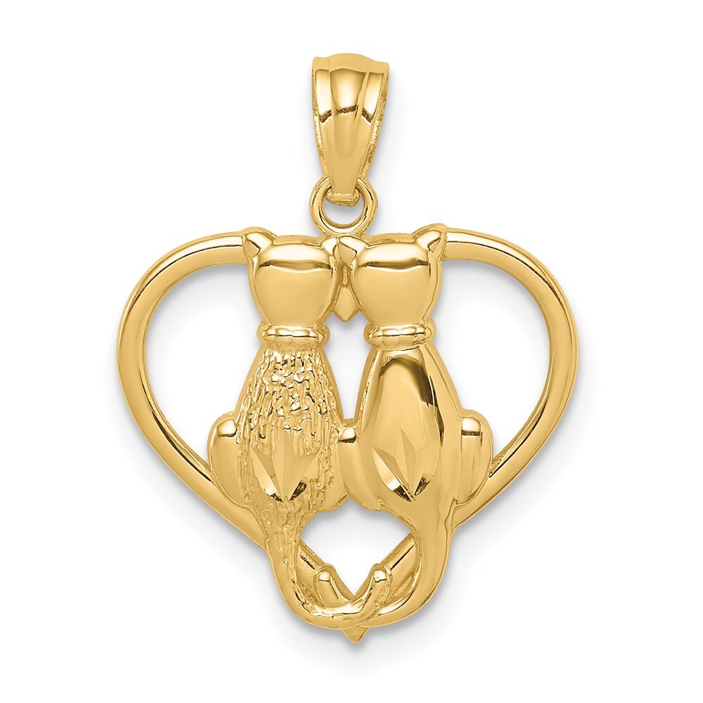 14k Yellow Gold Sitting Cats in a Heart Pendant for Women