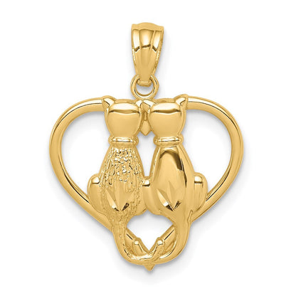 14k Yellow Gold Sitting Cats in a Heart Pendant for Women