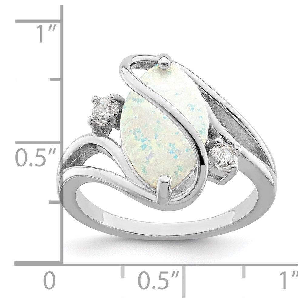 Sterling Silver Rhodium-plated White Created Opal & CZ Twist Ring Size 7