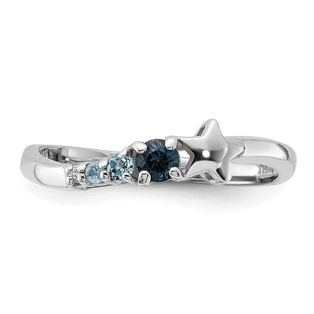 SS Rhodium London and Lt Swiss Blue Topaz and CZ Star Curve Ring Size 7
