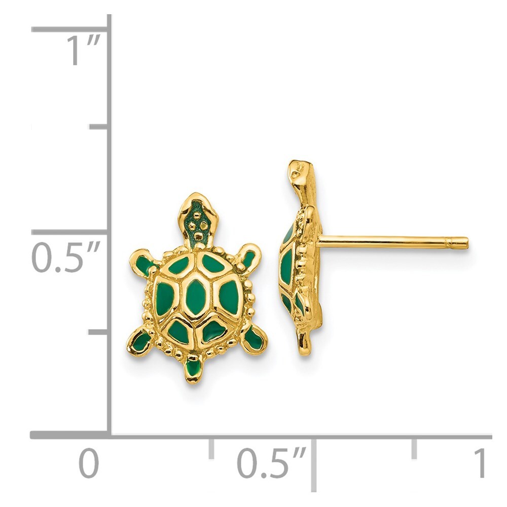14k Yellow Gold Green Enameled Turtle Stud Earrings Gift for Women